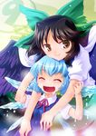  2girls :d ^_^ black_hair blue_hair bow brown_eyes brown_hair cape cirno closed_eyes hair_bow melting mizuki_hitoshi multiple_girls open_mouth reiuji_utsuho short_hair smile sweat touhou wings 