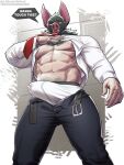 abs amon-sydonai animal_head animal_humanoid areola bat bat_humanoid belt bodily_fluids body_hair bottomwear chest_hair claws clothing collared_shirt dialogue dress_shirt erection erection_under_clothing fangs for_a_head genital_fluids hi_res humanoid looking_at_viewer male mammal mammal_humanoid navel necktie nipples no_irises no_pupils pants pecs pink_nose precum precum_through_clothing pubes shirt simple_background solo sonar_(dispatch) speech_bubble teeth tenting topwear watermark wet wet_clothing white_eyes
