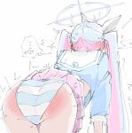  ... 1girl ass bagaponchi blue_archive blue_hair blue_halo blue_shirt clothes_lift facing_away from_behind general_student_council_president_(blue_archive) halo heart highres long_hair multicolored_hair panties pink_hair shirt simple_background skirt skirt_lift solo spoken_ellipsis striped_clothes striped_panties twintails two-tone_hair underwear white_background 