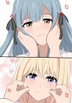  2girls absurdres anger_vein bang_dream! bang_dream!_it&#039;s_mygo!!!!! black_ribbon blonde_hair blue_hair blush cheek_pinching commentary english_commentary female_pov hair_ribbon hands_on_another&#039;s_face heart highres long_hair looking_at_another looking_at_viewer medium_hair misumi_uika multiple_girls pinching pov purple_eyes ribbon rienz togawa_sakiko two_side_up white_background yellow_eyes yuri 