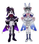  2boys animal_ear_hairband animal_ears antenna_hair asymmetrical_legwear black_boots black_bridal_gauntlets black_capelet black_eyes black_hair black_hairband black_hat black_jacket black_pantyhose black_thighhighs blue_capelet blue_socks boots bow bowtie bridal_gauntlets buttons capelet center_frills closed_mouth colored_skin commentary_request dot_mouth dot_nose double-breasted double-parted_bangs dual_persona empty_eyes fake_animal_ears frilled_capelet frills full_body fur-trimmed_capelet fur-trimmed_sleeves fur_trim gloves grey_shorts hair_behind_ear hair_between_eyes hair_bow hairband hand_on_own_hip hat hat_tip heterochromia highres holding holding_knife interlocked_fingers jacket kitchen_knife knee_boots knife lace-up_boots legs_together legwear_garter long_sleeves looking_at_viewer lop_rabbit_ears male_focus mini_hat mini_top_hat multiple_boys no_pupils omori omori_(omori) own_hands_clasped own_hands_together pantyhose pink_bow pink_bowtie puffy_long_sleeves puffy_sleeves rabbit_ear_hairband rabbit_ears raised_inner_eyebrows red_bow red_bowtie rou_(h_s_sinrin) see-through_clothes see-through_veil shirt short_hair shorts simple_background single_leg_pantyhose smile socks standing striped_clothes striped_thighhighs sunny_(omori) suspender_shorts suspenders thigh_strap thighhighs top_hat two-tone_thighhighs veil very_short_hair white_background white_eyes white_gloves white_hairband white_shirt white_shorts white_skin white_thighhighs 
