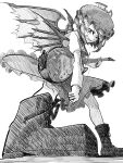  1girl bird_wings choujuu_gigaku electric_guitar full_body greyscale guitar hat highres holding holding_instrument instrument juliet_sleeves long_sleeves looking_at_viewer mob_cap monochrome mt109 mystia_lorelei perspective puffy_sleeves shoes short_hair simple_background solo standing touhou winged_hat wings 