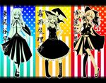  adjusting_hair american_flag belt boots bow breasts character_name cross-laced_footwear crossed_legs detached_sleeves dress flag_background hair_bow hair_ornament hair_tubes hakurei_reimu hand_on_head hand_on_hip hat hat_bow head_tilt impossible_clothes kirisame_marisa kochiya_sanae lace-up_boots mary_janes medium_breasts midriff multiple_girls multiple_monochrome pleated_skirt sandals shoes skirt skirt_set socks spot_color standing torayamato touhou watson_cross witch_hat 