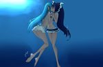  animal_ears bikini blue blue_hair kiss panties ponytail striped_panties swimsuit underwater underwear water yuri 