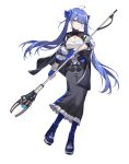  1girl absurdres black_cape black_shirt black_skirt blue_boots blue_bow blue_eyes blue_gloves blue_hair blue_shirt boots bow breasts cape cleavage cleavage_cutout clothing_cutout fingerless_gloves full_body gloves hair_bow highres holding holding_polearm holding_weapon large_breasts long_hair long_skirt multicolored_shirt original polearm puffy_sleeves shirt simple_background skirt solo twintails weapon white_background white_shirt wuren 