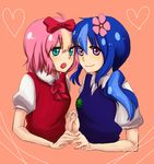  2girls blue_hair bow giggles green_eyes hair_ornament happy_tree_friends heart holding_hands multicolored_hair multiple_girls open_mouth petunia pink_eyes pink_hair smiling two-tone_hair two_tone_hair 