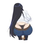  1girl arato_nagi ass belt black_hair black_panties blue_pants boots breasts brown_belt brown_boots denim denpatou facing_away from_behind highres jeans long_hair multi-strapped_panties panties pants ruri_no_houseki shirt simple_background solo squatting thong tiptoes underwear very_long_hair white_background white_shirt 