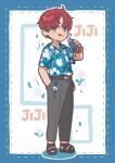  1boy ahoge belt black_belt black_sandals blue_border blue_shirt blush border bottle brown_eyes character_name collared_shirt dandadan earrings enjoji_jin flower_charm full_body grey_pants hair_between_eyes hawaiian_shirt highres holding holding_bottle jeon10457441 jewelry male_focus pants parted_bangs print_shirt red_hair sandals shirt shirt_under_shirt short_hair short_sleeves solo tongue white_background 