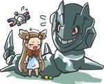  bow brown_hair chibi food gen_1_pokemon gen_2_pokemon hair_ornament ice_cream long_hair magnemite mikan_(pokemon) pokemon pokemon_(creature) pokemon_(game) pokemon_hgss runa_(ailionoa) steelix sweatdrop tears transparent_background two_side_up very_long_hair 