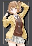  1girl :o absurdres arm_behind_head brown_eyes brown_hair brown_necktie brown_sweater collared_shirt commentary cowboy_shot dress_shirt grey_background grey_skirt hair_intakes hair_ornament hair_rings hand_up highres hood hood_down hooded_jacket jacket long_sleeves looking_at_viewer miniskirt necktie open_clothes open_jacket parted_lips plaid_clothes plaid_skirt pleated_skirt sachiame sendo_yuuhi sendo_yuuhi_(1st_costume) shirt short_hair single_hair_ring skirt solo sweater symbol-only_commentary v virtual_youtuber vspo! white_shirt yellow_jacket 