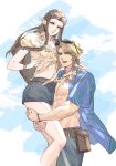 1boy 1girl arm_around_neck blonde_hair blue_eyes blue_shirt blue_sky bracelet breasts brown_hair cloud cloudy_sky couple cowboy_shot earrings flower flower_necklace grey_pants grey_shorts hair_between_eyes hair_ribbon hawaiian_shirt hetero jewelry kurokawa_karasu lei link long_hair medium_breasts midriff open_clothes open_mouth open_shirt pants parted_bangs parted_lips pectorals pointy_ears princess_zelda print_shirt ribbon round_eyewear shirt short_hair shorts sidelocks sky smile sunglasses the_legend_of_zelda the_legend_of_zelda:_twilight_princess tied_shirt toned toned_male white_ribbon yellow_shirt 