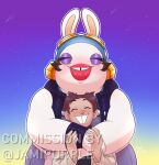 2024 5_fingers absurd_res accessory anthro arms_bent artist_name black_clothing black_eyebrows black_hair black_topwear black_vest black_wristband blue_clothing blue_headband blue_shirt blue_sky blue_topwear blush blush_lines brown_hair button_(fastener) clear_sky clothed clothed_anthro clothed_female clothing crossover digital_drawing_(artwork) digital_media_(artwork) double_chin duo ear_piercing english_description english_text eyebrows eyelashes eyeshadow eyewear eyewear_on_head female fingers fully_clothed fully_clothed_anthro fully_clothed_female fur goggles goggles_on_head grey_clothing grey_overalls hair happy headband hi_res hug hugging_another hugging_from_behind human jami_purple lagomorph larger_anthro larger_female light lighting lips long_ears makeup male male/female male_human mammal mario_bros mario_plus_rabbids_sparks_of_hope mitten_hands momma_(mario_plus_rabbids) nintendo noseless nut_(hardware) obese obese_anthro obese_female open_clothing open_topwear open_vest outside overalls overweight overweight_anthro overweight_female piercing purple_eyeshadow rabbid raving_rabbids rayman_(series) red_lips shaded shirt shooting_star short_hair size_difference sky smaller_human smaller_male star starry_sky tan_body tan_inner_ear tan_skin teeth text thick_lips tooth_gap toothy_grin topwear ubisoft vest white_body white_clothing white_fur white_shirt white_topwear