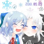  bad_id bad_pixiv_id birthday blue_eyes blue_hair blush bow cheek-to-cheek cirno darusu dress eighth_note hair_bow len multiple_girls musical_note necktie smile snowflakes speech_bubble spoken_musical_note spoken_sweatdrop sweatdrop touhou tsukihime white_hair 