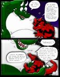 anthro body_size_growth comic dnapalmhead dragon duo english_text female giga growth_lines heart_symbol licking macro male muscular muscular_female muscular_male mythological_creature mythological_scalie mythology onomatopoeia redsaber scalie size_difference size_transformation sound_effects space speech_bubble text third-party_edit tongue transformation