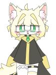 2025 ahoge ambiguous_gender anthro artist_name black_clothing blonde_hair blush cape cat_stockings clothed clothing domestic_cat eyewear felid feline felis ft-1099 fur glasses green_eyes green_necktie hair hi_res legwear long_sleeves looking_at_viewer mammal mr.air(ft-1099) necktie open_mouth pink_blush pink_nose portrait simple_background solo tail text thigh_highs three-quarter_portrait watermark white_background white_body white_fur