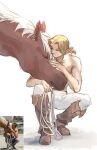  1boy blonde_hair boots brown_boots closed_eyes epona full_body holding holding_rope horse kiss kissing_forehead kurokawa_karasu link low_ponytail male_focus pants parted_bangs pointy_ears ponytail reference_inset rope squatting the_legend_of_zelda the_legend_of_zelda:_ocarina_of_time topless_male white_background white_pants 