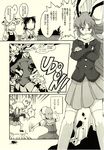  alice_margatroid animal_ears bunny_ears comic cosplay cyclops_(x-men) cyclops_(x-men)_(cosplay) gunbuster_pose hakurei_reimu hands_on_hips highres kirisame_marisa laser marvel monochrome multiple_girls page_number parody pleated_skirt reisen_udongein_inaba satomura_kyou scarf skirt soccer star thighhighs top_wo_nerae_2! touhou translated x-men 