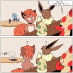 3_fingers absurd_res ambiguous_gender anthro aron beverage black_nose blue_eyes blush bodily_fluids breasts brown_body brown_fur comic countershade_torso countershading eevee egg english_text eyebrows eyelashes female fingers fluffy fur furniture generation_1_pokemon generation_3_pokemon grey_body group hi_res jisito lips lipstick long_ears long_tail makeup male metallic_body motion_lines muscular neck_tuft nervous nintendo onomatopoeia open_mouth orange_body orange_fur pokemon pokemon_(species) pokemon_egg question_mark red_body running simple_background sound_effects speech_bubble spinda sweat sweatdrop table tail tan_body tan_fur text tongue tuft vulpix