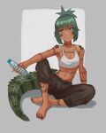  1girl amildbreeze aqua_eyes bare_arms bare_shoulders barefoot blush bottle breasts brown_nails cleavage collarbone commentary crocodile_girl crocodilian_tail crossed_legs curled_tail feet fingernails green_hair green_scales grey_outline highres lacerta_(amildbreeze) long_bangs looking_at_viewer messy_hair nail_polish navel nose_blush on_floor original outline ponytail reptile_girl sharp_teeth small_breasts smile solo sweat sweatdrop symbol-only_commentary tail tan teeth toenail_polish toenails toes two-tone_background water_bottle workout_clothes 