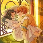  2girls :d ace_attorney alternate_hairstyle athena_cykes blue_eyes brown_hair brown_shoes dress facing_another flower gloves hat hat_flower jacket juniper_woods laughing looking_at_another ministarfruit multiple_girls orange_hair shoes short_sleeves smile white_dress white_gloves yellow_jacket yuri 