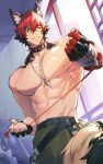  1boy abs absurdres animal_ear_fluff animal_ear_piercing animal_ears bandaged_arm bandaged_hand bandages belt biceps black_belt black_collar black_gloves black_hair bloom bright_pupils closed_mouth collar collarbone commentary_request crossed_bangs dog_boy dog_ears dog_tail ear_piercing fingerless_gloves gloves green_pants hair_between_eyes hair_intakes highres holding_bandages indoors jewelry komano_manato large_pectorals light_particles light_rays looking_at_viewer male_focus mouth_hold multicolored_hair muscular muscular_male navel necklace nipples official_art ogata_tomio one_eye_closed pants pectorals piercing red_eyes red_hair scar scar_across_eye scar_on_arm scar_on_face short_hair solo stalk_in_mouth standing sunbeam sunlight tail topless_male two-tone_hair white_pupils window zenless_zone_zero 