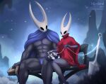 anthro arachnid arthropod bench bottomwear breasts cloak clothed clothing duo female healing hi_res hollow_knight:_silksong hollow_knight_(franchise) hornet_(hollow_knight) insect male melee_weapon misslorel muscular muscular_male pants silk snow spider sword team_cherry the_knight_(hollow_knight) weapon winter wounded