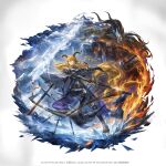  1girl animal_ears arknights armor artist_name black_gloves blonde_hair breastplate breasts brown_horns cape closed_mouth cloud degenbrecher_(arknights) fire gloves goat_ears goat_girl goat_horns hair_between_eyes helen_zzhao high_heels highres holding holding_sword holding_weapon horns ice large_breasts long_hair looking_at_viewer mask masked mountain planted planted_sword sheath shoulder_armor solo sparkle sword weapon white_background yellow_eyes 