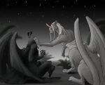 !? 1boy 1girl furry greyscale hand_on_another&#039;s_head highres horns monochrome night night_sky outdoors princess_(slay_the_princess) rainsquall sitting sky slay_the_princess star_(sky) starry_sky the_den_(slay_the_princess) the_hero_(slay_the_princess) wings 