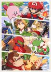  1girl 1other 5boys adjusting_clothes adjusting_headwear arm_cannon blonde_hair blue_eyes blush_stickers border brown_hair castle closed_eyes closed_mouth cloud cloudy_sky collared_shirt colored_skin commentary_request curtained_hair donkey_kong donkey_kong_(series) dot_nose egg facial_hair fireball fox_boy fox_mccloud frown furry furry_male gloves green_eyes green_shirt gun hanaon handgun hat heart helmet highres holding holding_egg holding_gun holding_pokemon holding_shield holding_sword holding_weapon hylian_shield inverted_triangle_mouth kirby kirby_(series) layered_clothes link long_pointy_ears long_sleeves looking_at_another looking_to_the_side mario mario_(series) master_sword metroid multiple_boys mustache necktie open_mouth overalls palm_tree pikachu pink_skin pointy_ears pokemon pokemon_(creature) red_hat red_necktie red_shirt samus_aran shield shirt short_hair sideways_glance sky spacecraft spacesuit spines star_fox super_smash_bros. sword the_legend_of_zelda the_legend_of_zelda:_ocarina_of_time tree twitter_username weapon white_border white_gloves white_shirt yoshi 