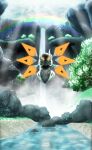  absurdres alternate_color area_zero commentary_request detached_wings eji floating full_body grass highres iron_moth non-humanoid_robot outdoors pokemon pokemon_(creature) pokemon_focus rainbow robot rock shiny_pokemon solo straight-on tree water waterfall wings 