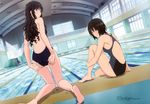  absurdres adjusting_clothes adjusting_swimsuit amagami ass barefoot black_eyes black_hair blue_eyes blurry blush competition_swimsuit depth_of_field detexted dutch_angle feet from_behind highres indoors kneeling lane_line legs long_hair looking_back megami morishima_haruka multiple_girls nanasaki_ai non-web_source official_art one-piece_swimsuit pool poolside short_hair starting_block swimsuit tachikawa_seiji third-party_edit water wet 