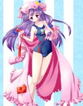  crescent_moon dress hat kisetsu_(bright_starry_night) long_hair moon one-piece_swimsuit patchouli_knowledge purple_eyes purple_hair school_swimsuit solo swimsuit swimsuit_under_clothes touhou undressing 