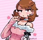  1girl bare_shoulders blush bra_strap breasts brown_eyes brown_hair choker cleavage collarbone cross-laced_clothes cross-laced_sleeves cross-laced_sweater dress earrings english_commentary flipped_hair fur-trimmed_sweater fur_trim heart heart_choker highres iamfixated jewelry long_sleeves looking_at_viewer medium_breasts medium_hair off-shoulder_dress off_shoulder official_alternate_costume parted_lips pearl_earrings persona persona_3 pink_background pink_sweater playing_with_own_hair ribbed_sweater short_hair solo stud_earrings sweatdrop sweater takeba_yukari twitter_username upper_body white_choker 