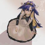  1girl apron arm_support black_dress black_hairband blue_eyes blue_hair colored_inner_hair dress from_above full_body grey_background hair_ornament hairband highres long_hair looking_at_viewer multicolored_hair ogi_ogi_0gi reverse:1999 school_uniform sitting smile solo soviet_school_uniform star_(symbol) star_hair_ornament very_long_hair voyager_(reverse:1999) wariza white_apron 