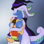 anthro belt_pouch between_breasts bottomwear breasts brown_hair cape cape_only clothing duo face_between_breasts felid feline female fur generation_6_pokemon giru_(artist) goodra green_membrane hair hand_on_head hat headgear headwear hi_res hug liz_(thiccfurlizzy) lynx mammal membrane_(anatomy) mostly_nude nintendo nipples pants pokemon pokemon_(species) red_clothing red_shirt red_tank_top red_topwear shirt size_difference slime smile smirk tan_body tan_fur tank_top topwear white_bottomwear white_clothing white_pants witch_hat wristband