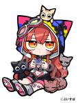  1girl bandaid bandaid_on_leg black_shoes cat chibi chibi_only controller full_body game_controller holding holding_controller holding_game_controller hood hood_up hooded_jacket jacket long_sleeves looking_at_viewer nekota_tsuna orange_eyes paint_splatter red_hair shoes simple_background sitting socks solo terada_tera virtual_youtuber vspo! white_background 