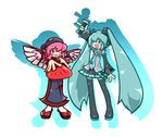  adenine_(artist) crossover fan hatsune_miku japanese_clothes long_hair microphone multiple_girls mystia_lorelei okamisty paper_fan parody puyopuyo puyopuyo_fever style_parody thighhighs touhou twintails uchiwa very_long_hair vocaloid 