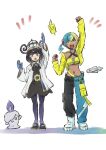  2girls aqua_hair arm_up bandeau belt black_belt black_dress black_hair black_mask black_pants blonde_hair blue_eyes blue_gloves blue_pants blunt_bangs blush bob_cut breasts canari_(pokemon) candle closed_mouth coat criss-cross_straps dark-skinned_female dark_skin dress fire gloves gradient_hair gwynn_(pokemon) hat highres jacket litwick long_sleeves looking_at_viewer mask mask_pull mega_stone mouth_mask multicolored_hair multiple_girls navel nemimin o-ring o-ring_belt open_clothes open_coat open_mouth pants pantyhose partially_fingerless_gloves pokemon pokemon_(creature) pokemon_legends:_z-a purple_eyes purple_hair rotom rotom_phone short_hair short_twintails simple_background smile split-color_hair sports_bra twintails two-tone_hair two-tone_mask two-tone_pants tynamo white_background white_coat yellow_bandeau yellow_eyes yellow_jacket yellow_mask yellow_sports_bra 