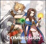  1boy 1girl aerith_gainsborough bare_shoulders belt black_pantyhose blonde_hair blue_eyes blue_ribbon breasts brown_gloves brown_hair cloak closed_mouth cloud_strife commission cow crop_top dress earrings elbow_gloves final_fantasy final_fantasy_vii fingerless_gloves fire_emblem gloves green_eyes grey_cloak grey_pants hair_between_eyes hair_ribbon holding holding_staff holding_sword holding_weapon jewelry long_hair lukrevadraws medium_breasts midriff navel off-shoulder_dress off_shoulder open_mouth pants pantyhose parted_bangs pink_skirt red_belt red_gloves ribbon short_hair sidelocks single_earring skirt smile spiked_hair staff sword torn_cloak torn_clothes weapon white_dress white_gloves 