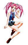  90s :d absurdres belt blue_eyes burn-up burn-up_excess flat_chest full_body hair_ribbon highres ikeda_yuuji legs lilica_evett loafers long_hair miniskirt necktie official_art open_mouth pencil_skirt pink_hair pointing police police_uniform policewoman ribbon shirt shoes simple_background sitting skirt sleeveless sleeveless_shirt smile solo twintails uniform white_background 