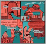 anthro backpack bovid caprine comic dialogue duo female fur gesture hand_gesture hi_res lagomorph male mammal pointing restricted_palette saffron_(unicorn_blood) sheep tavern tulip_(unicorn_blood) vanilla_candy wool_(fur)