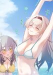  2girls absurdres alternate_costume armpits arms_up bikini black_hairband blue_bikini blue_sky blush breasts cleavage closed_eyes closed_mouth cloud commentary_request day dot_nose firefly_(honkai:_star_rail) grey_hair hair_between_eyes hairband highres honkai:_star_rail honkai_(series) leaning_forward long_hair looking_at_another looking_at_breasts medium_breasts memeiradesuyo multiple_girls navel ocean open_mouth outdoors sky sparkling_eyes stelle_(honkai:_star_rail) stretching string_bikini swimsuit trailblazer_(honkai:_star_rail) upper_body water wavy_mouth wet yellow_bikini yellow_eyes yuri 