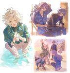  4boys alternate_costume animal beach black_gloves black_pants black_shirt blue_shirt blush closed_eyes collared_shirt commentary_request crab cropped_legs dytica_(nijisanji) earrings feet_out_of_frame full_body ghost gloves green_eyes green_hair green_pants green_shirt half_gloves hanafuda_earrings heterochromia highres holding holding_animal hoshirube_sho inami_rai jacket_around_neck jewelry koyanagi_rou looking_at_viewer male_focus matochi_(fa) multicolored_hair multiple_boys murakumo_kagetsu nijisanji ocean open_mouth otomo_(hoshirube_sho) otomo_(inami_rai) otomo_(koyanagi_rou) outdoors own_hands_together pants patterned_clothing purple_eyes purple_hair shirt short_hair single_earring smile streaked_hair tying_hair undershirt virtual_youtuber wading watakumo_(murakumo_kagetsu) white_hair white_pants white_shirt 