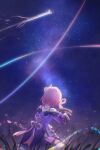  1girl akirarec astral_express_(honkai:_star_rail) chinese_commentary coat commentary_request cyrene_(aedes_elysiae)_(honkai:_star_rail) cyrene_(honkai:_star_rail) highres honkai:_star_rail honkai_(series) night night_sky outdoors pink_hair purple_coat short_hair sky solo star_(sky) starry_sky 