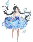  1girl :d ahoge bare_shoulders black_hair blue_dress blue_eyes blue_flower breasts bug butterfly character_request cleavage covered_collarbone dress flower full_body highres holding holding_instrument holding_violin houchi_shoujo instrument low_twintails official_art pale_skin shoes smile solo transparent_background twintails violin white_shoes 