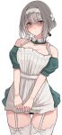  1girl apron apron_grab black_ribbon breasts cleavage clothes_grab dress embarrassed furrowed_brow gakuen_idolmaster garter_straps green_dress green_eyes grey_hair hair_ribbon highres hiwatari_kanae idolmaster looking_at_viewer maid maid_headdress medium_breasts namagaki_namero off-shoulder_dress off_shoulder ribbon shaded_face short_hair solo thighhighs variant_set white_apron white_thighhighs zettai_ryouiki 