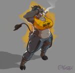 2025 ac/dc accessory american_flag anthro belly big_belly big_breasts big_butt bottomwear bovid bovine breasts butt cargo_pants cattle cigarette clothed clothed_anthro clothed_female clothing cropped_tank_top digital_drawing_(artwork) digital_media_(artwork) dixie_(morgtex) english_description eyes_closed female gloves handwear headband hi_res hooved_toes hooves mammal mechanic morgtex overweight overweight_anthro overweight_female pants pink_nose pipe_wrench smoking smoking_cigarette solo thick_thighs united_states_of_america wide_hips wiping_forehead