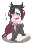  1girl :t angry asymmetrical_bangs barefoot black_choker black_hair black_jacket blush breasts choker cleavage closed_mouth collarbone dress full_body green_eyes hair_ribbon highres jacket looking_at_viewer marnie_(pokemon) off_shoulder pink_dress pokemon pokemon_swsh pout red_bag red_ribbon ribbon sake_shake simple_background sitting sleeves_past_wrists small_breasts solo tears v-shaped_eyebrows wariza white_background 