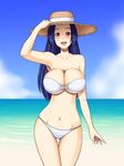  bandeau bikini blue_hair breasts cleavage hand_on_headwear hat huge_breasts idolmaster idolmaster_(classic) kawanuma_uotsuri long_hair midriff miura_azusa navel o-ring o-ring_top open_mouth red_eyes smile solo straw_hat swimsuit water wide_hips 