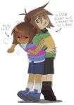  2others back-to-back black_shorts blue_shorts blue_sweater blush bsodddd chara_(undertale) closed_eyes english_text frisk_(undertale) green_sweater highres looking_at_another multiple_others open_mouth shorts steaming_body sweater undertale utdr_(toby_fox) white_background 